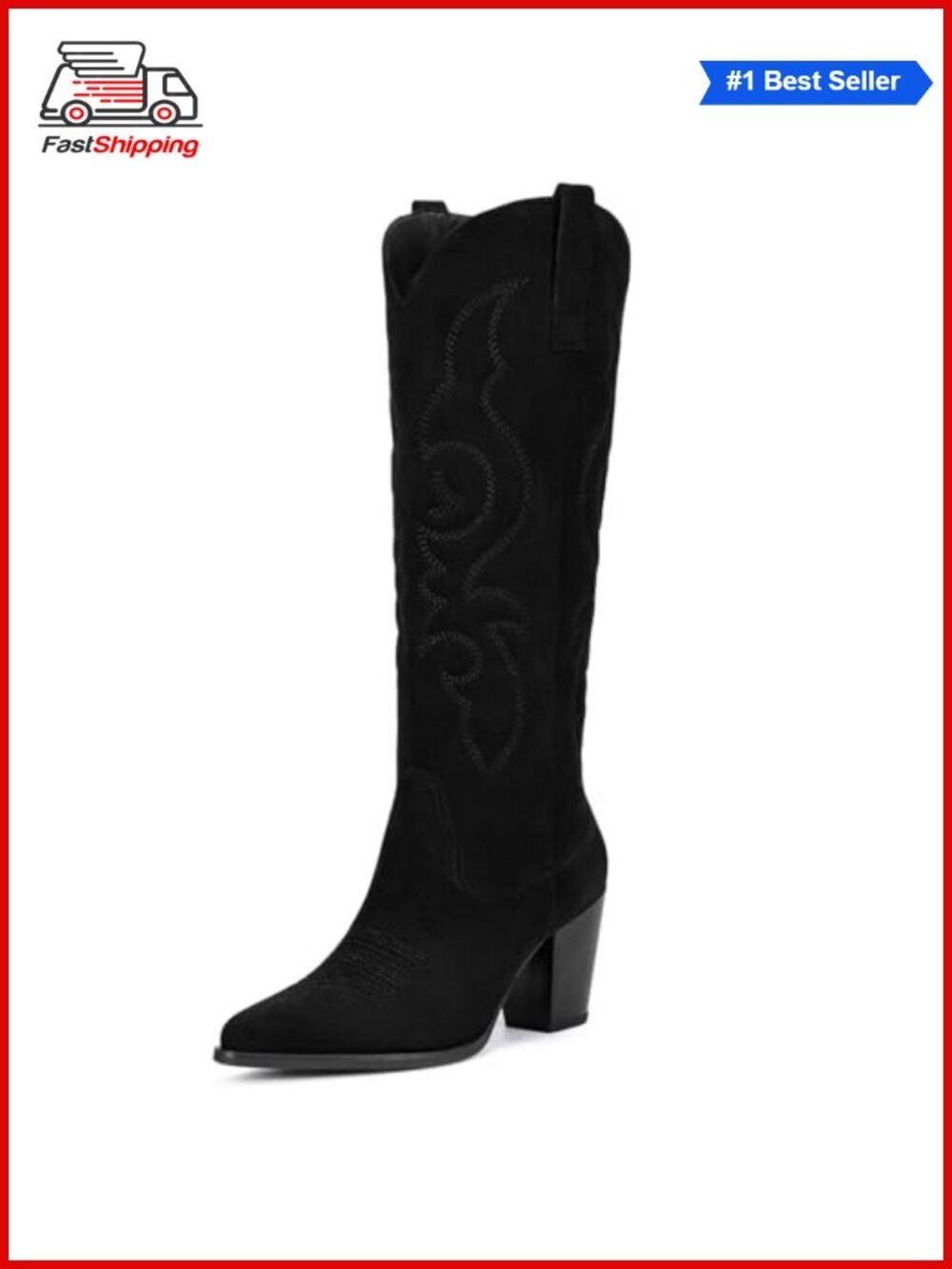 ✨ Suede Western Cowboy Boots Knee High Pointed Toe Block Heel Boots for Women
